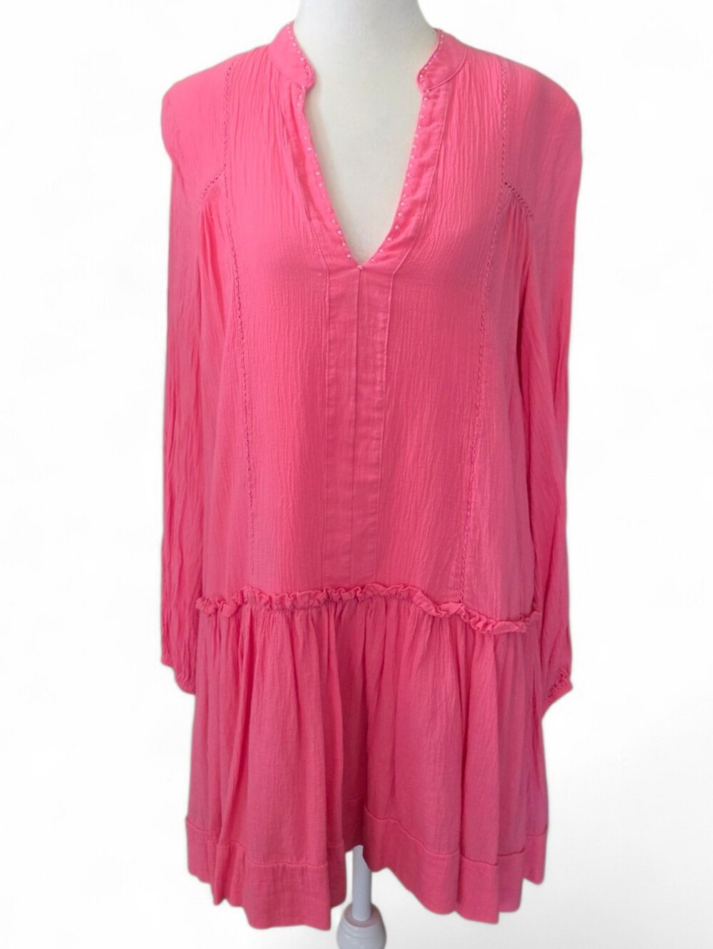 Pomanders Place Ophelia Gauze Pink V-Neck Long Sleeve Mini Dress